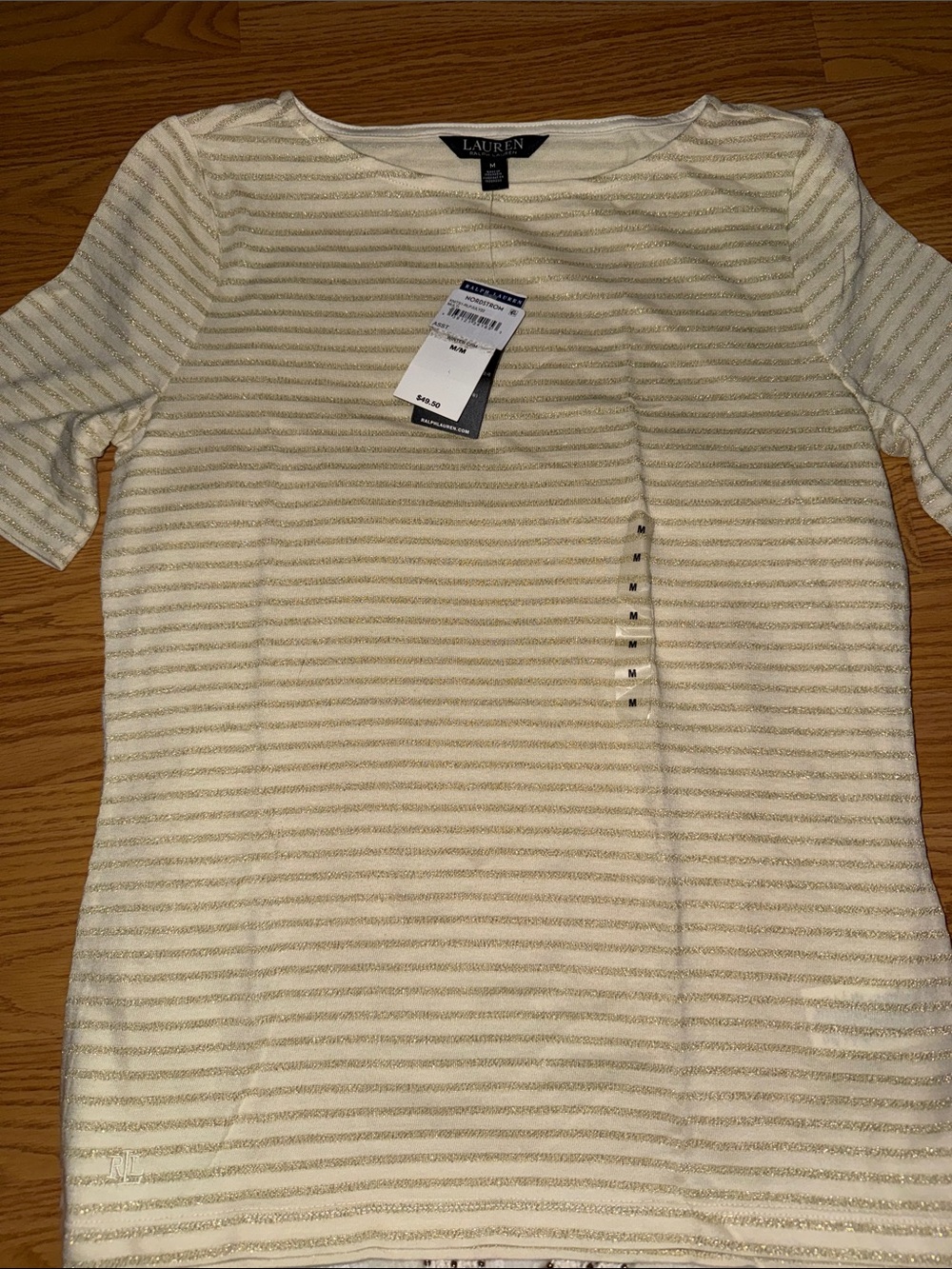 Lauren Ralph Lauren Cream and Gold Metallic Stripe Short Sleeve Top
